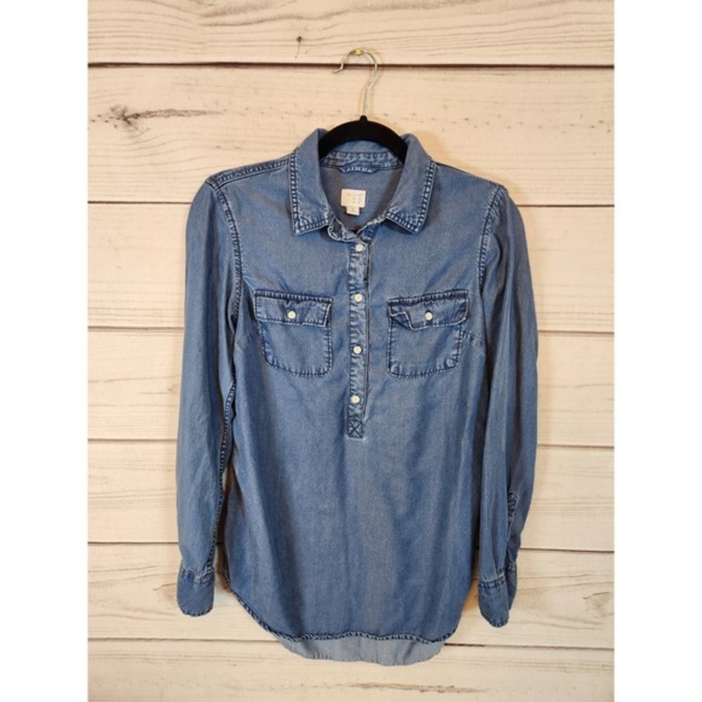 a new day Womens Denim Shirt Button Front Long Sleeve Chest Pockets Blue Small